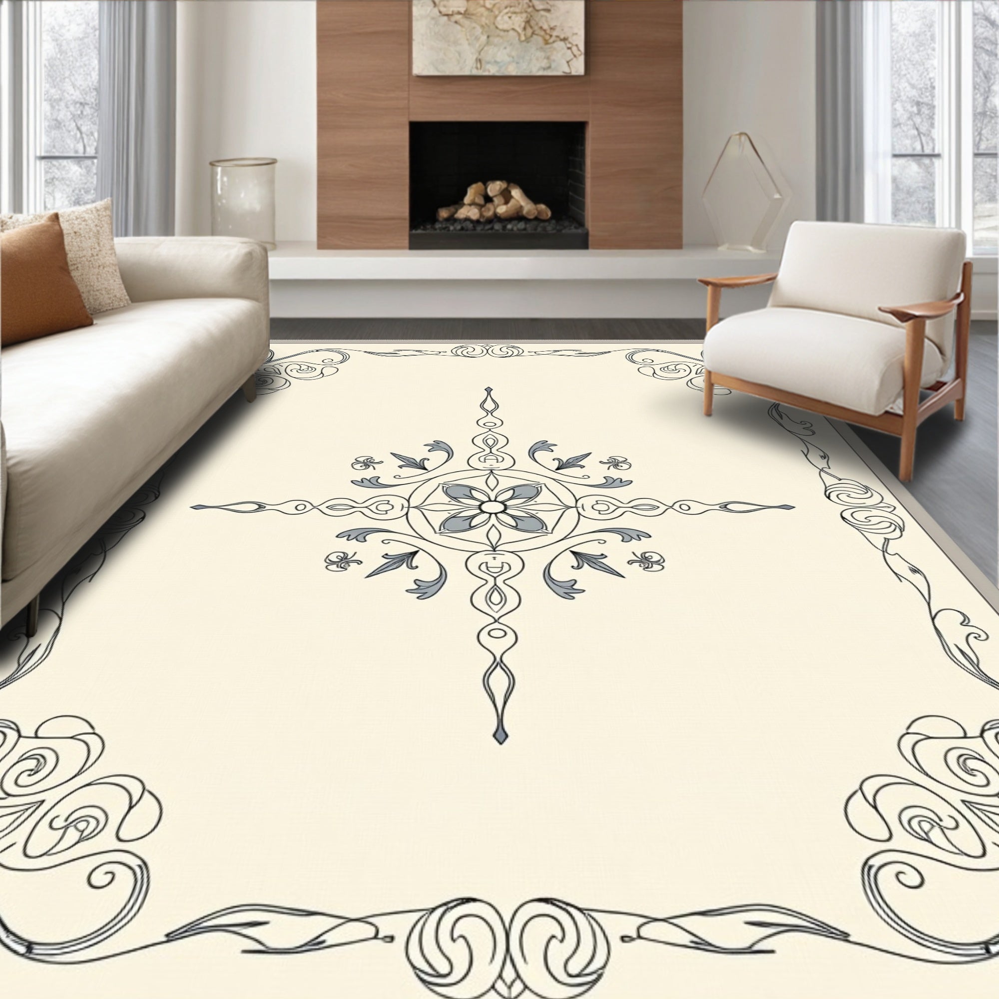 Ornate Floral Scrollwork Cream Rug