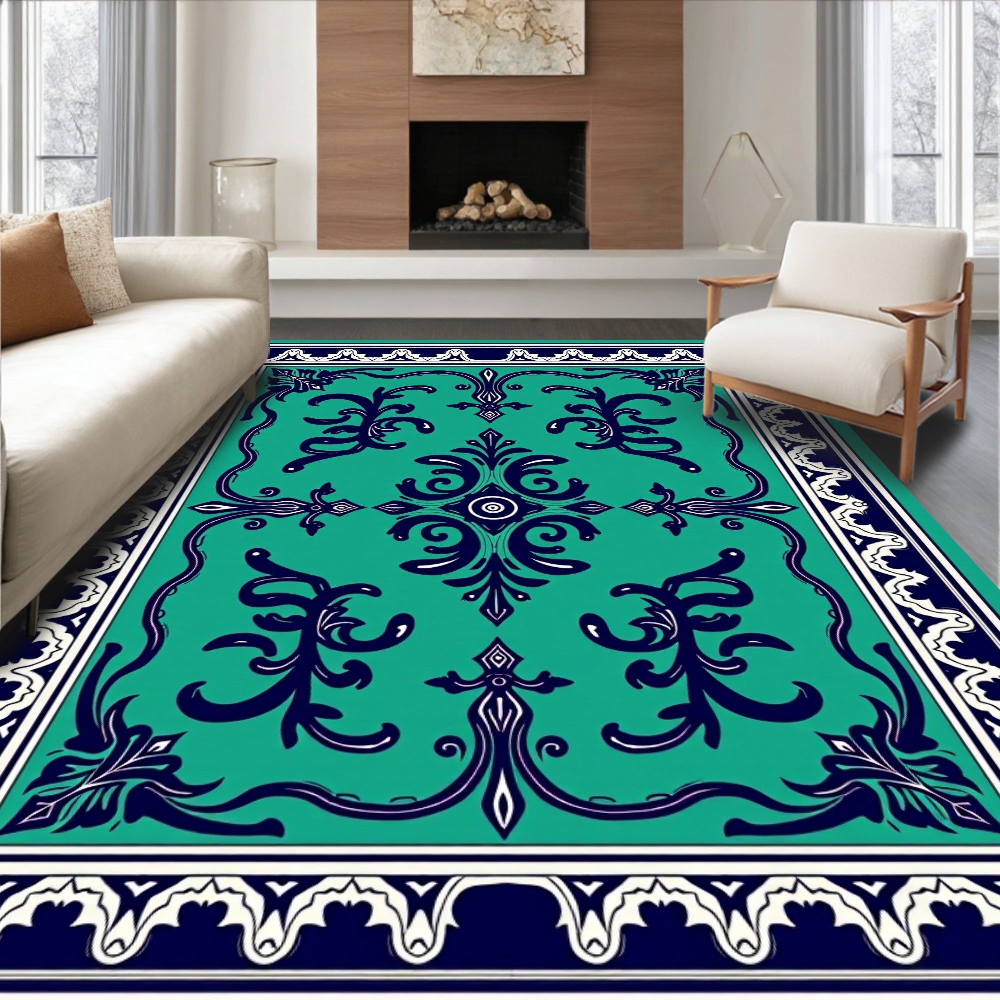 Emerald Teal Oriental Inspired Floral Rug