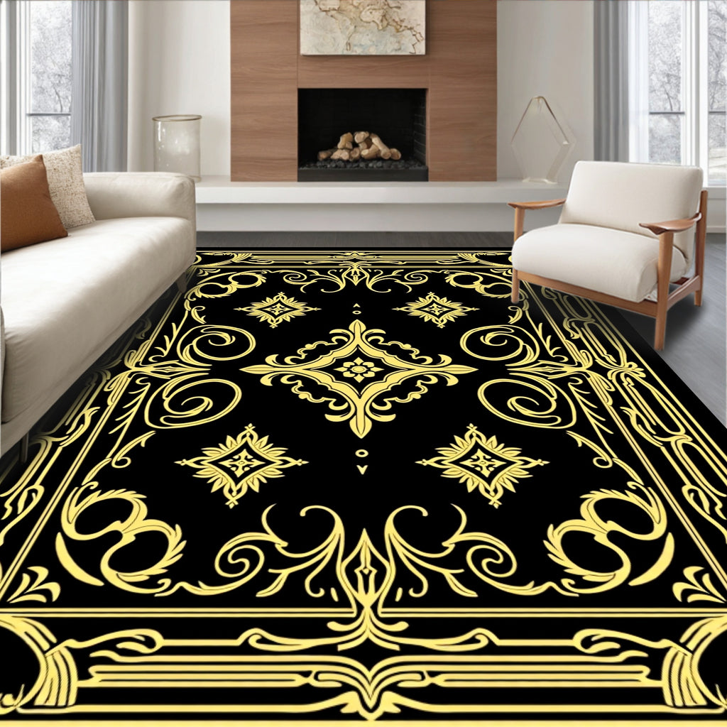 Golden Art Deco Floral Frame Rug