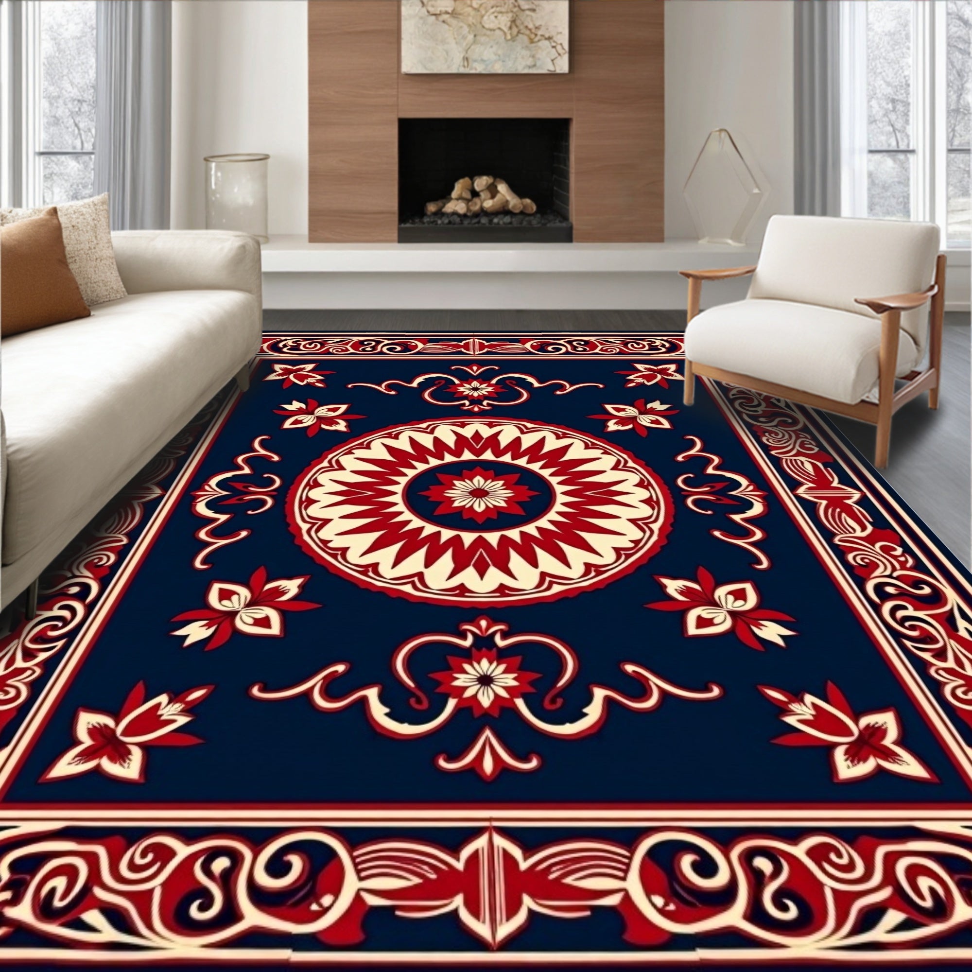 Classic Floral Medallion Red Cream Blue Rug