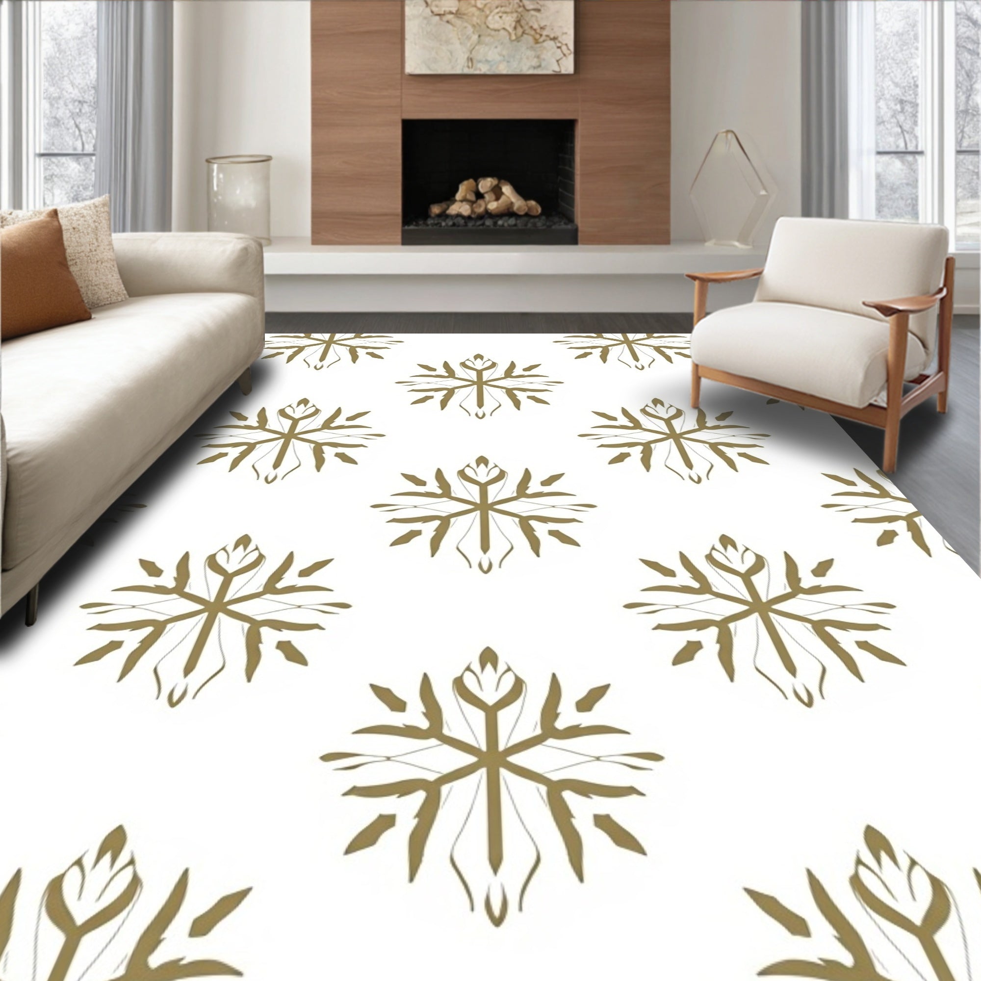 Gold Snowflake Patterned Elegant Design Rug