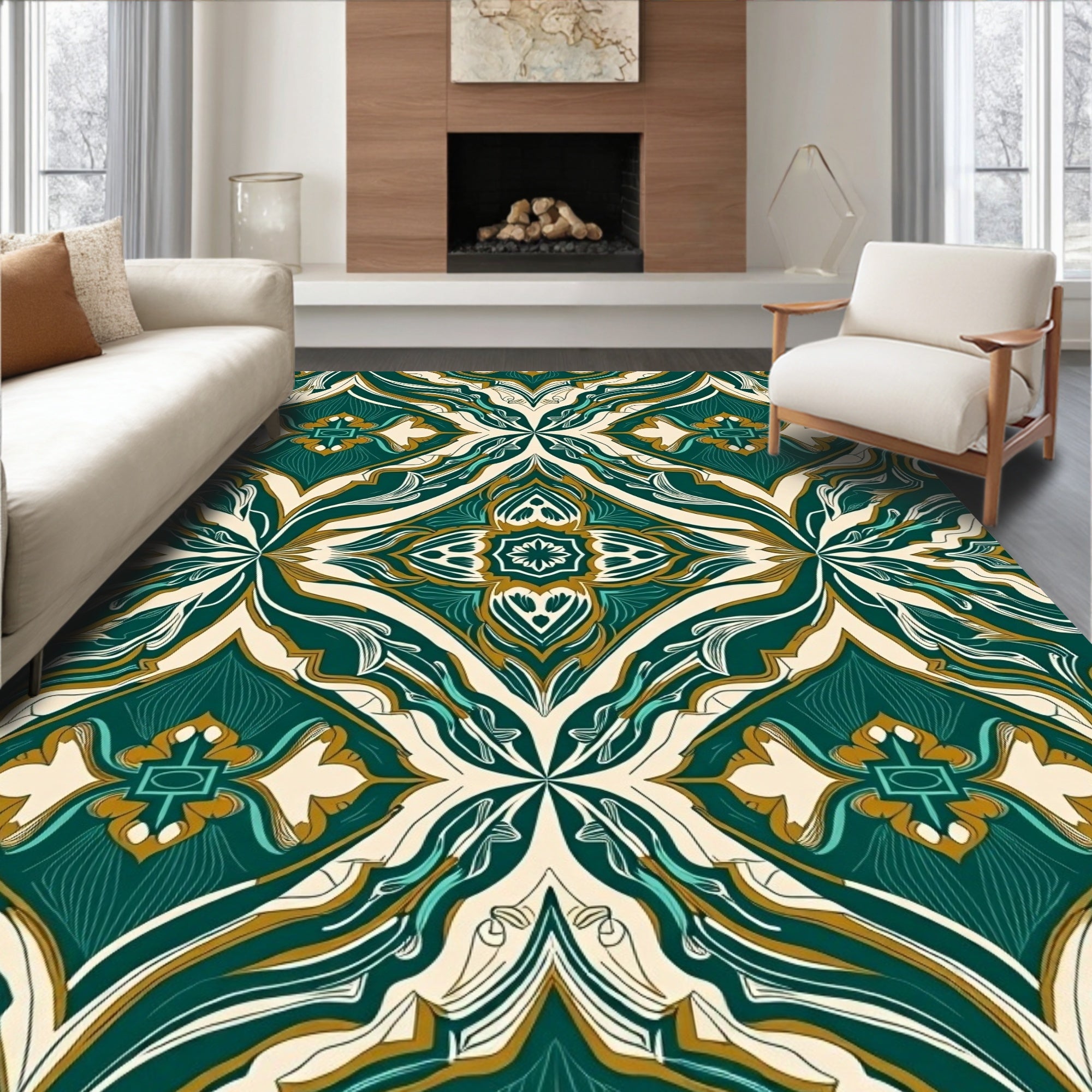 Emerald Gold Floral Mandala Pattern Rug