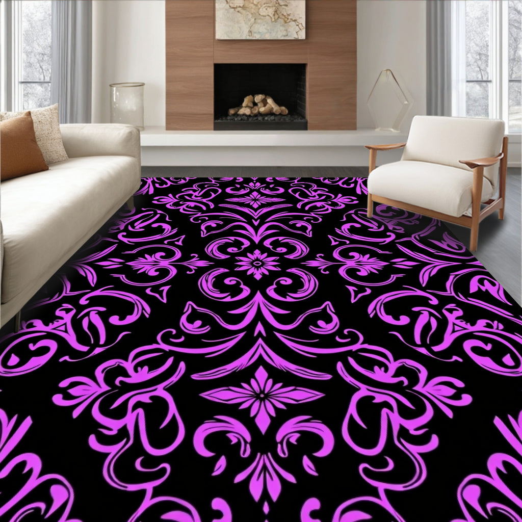 Vibrant Pink Floral Damask Black Rug