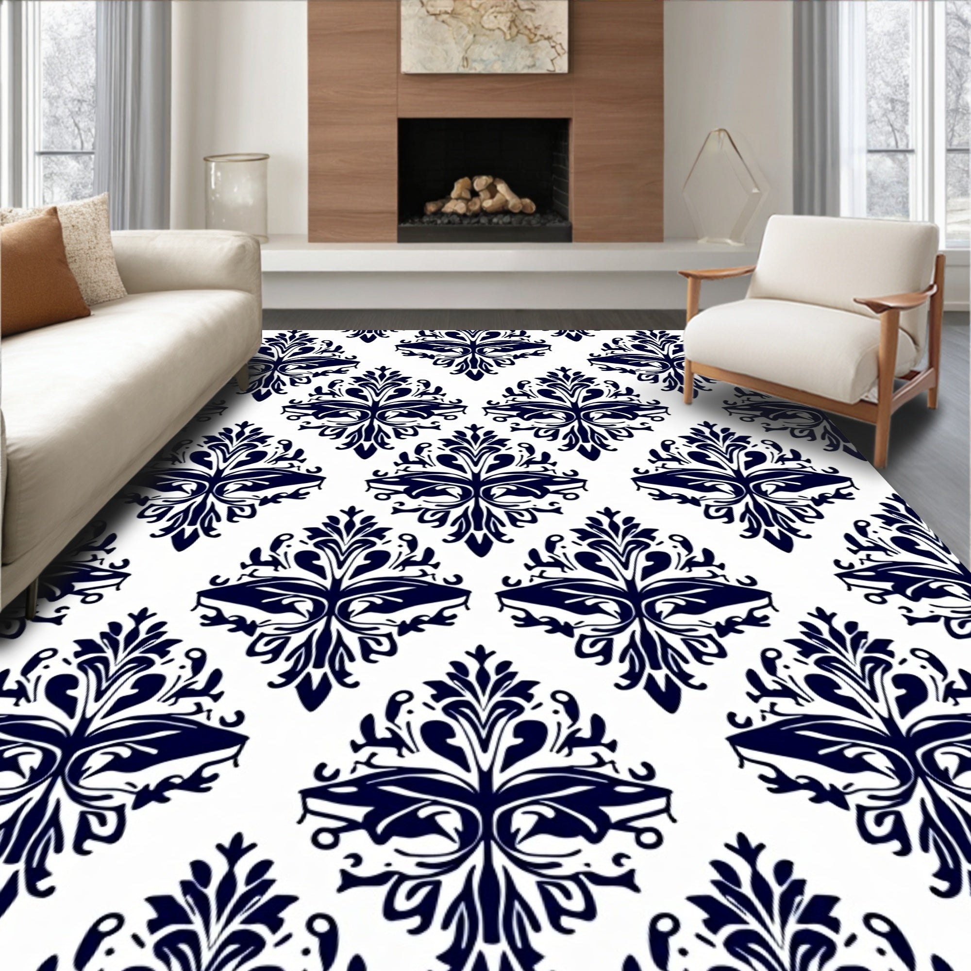 Classic Navy Damask Pattern Rug