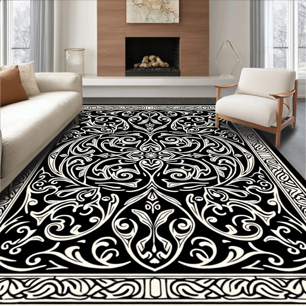 Intricate Black Cream Scrollwork Pattern Rug
