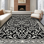 Intricate Black Cream Scrollwork Pattern Rug