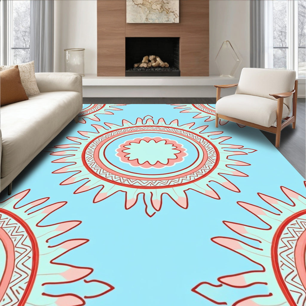 Aqua Sunburst Geometric Pattern Rug