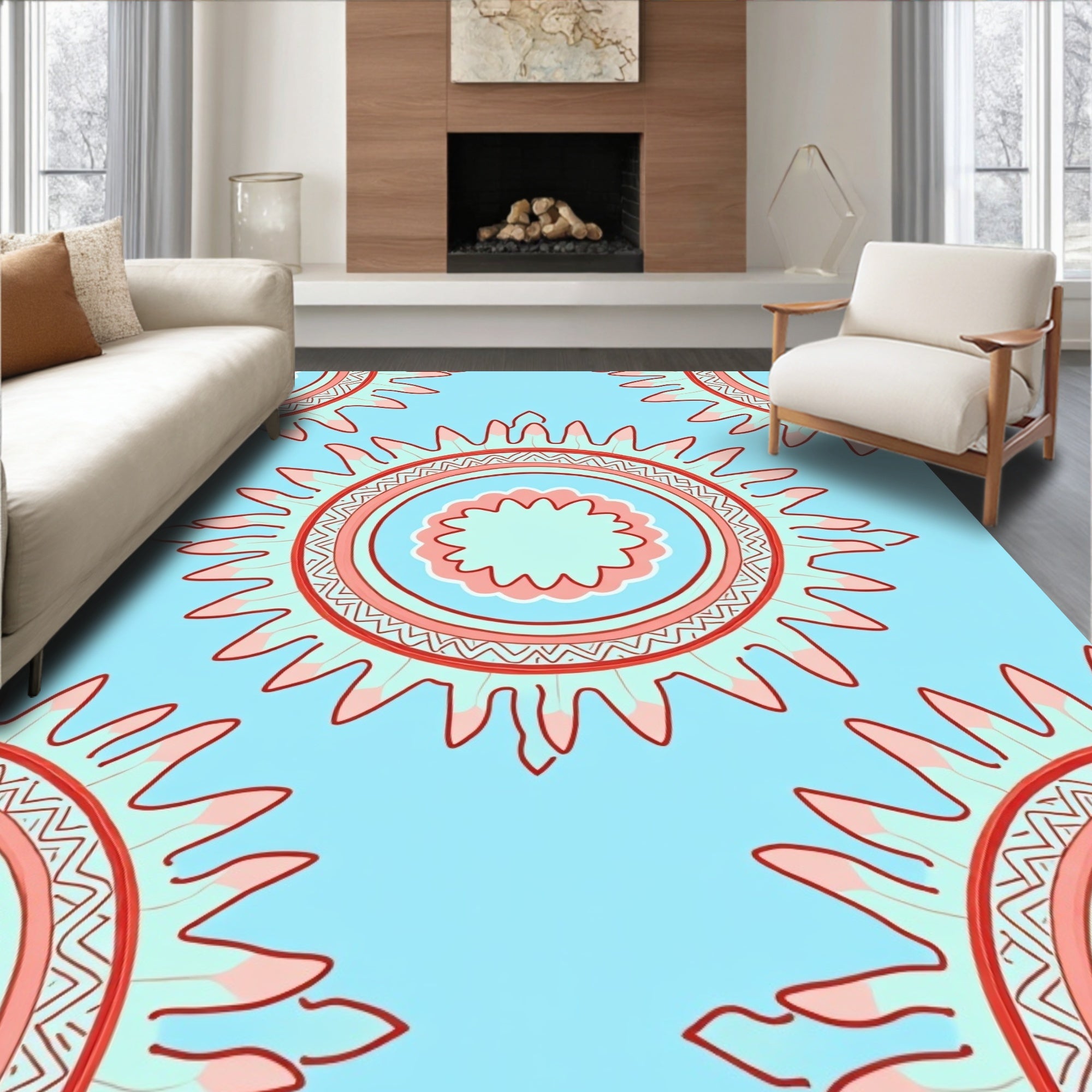 Aqua Sunburst Geometric Pattern Rug