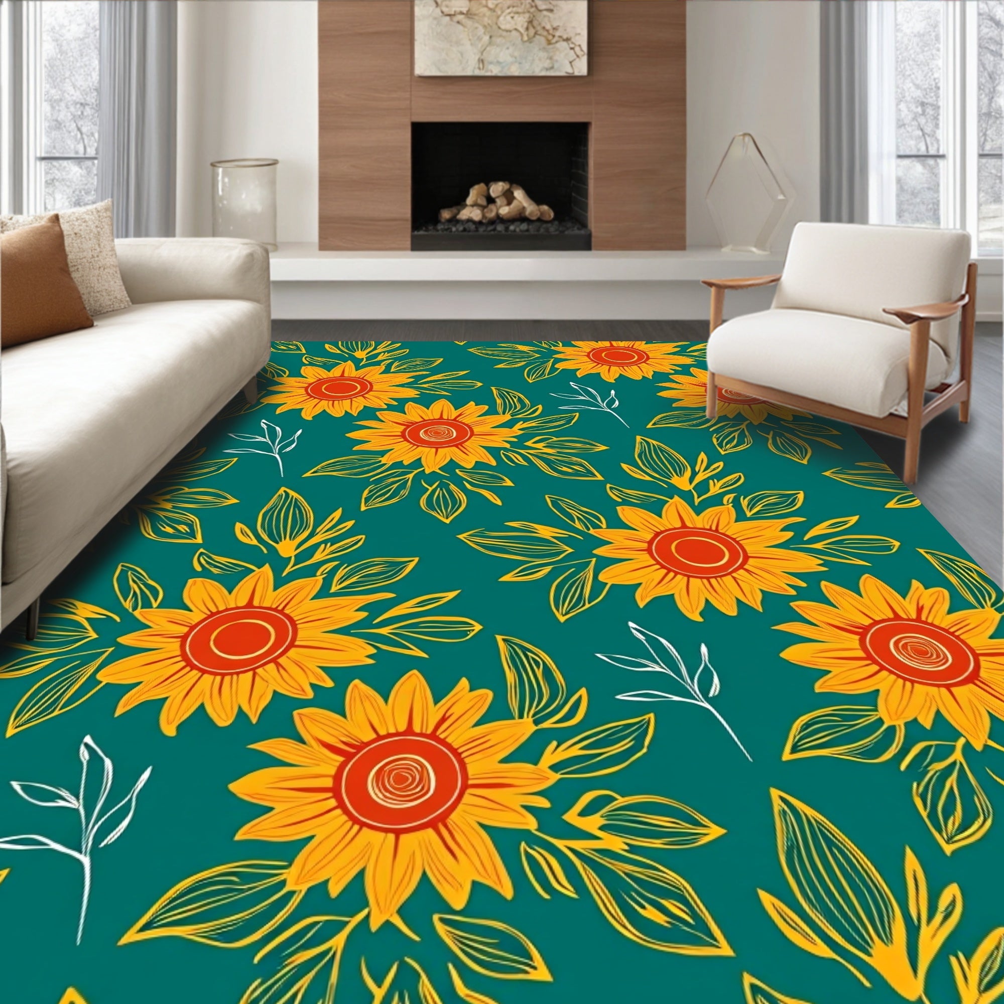 Golden Sunflowers with Teal Background Rug