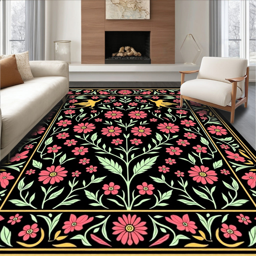 Floral Bird With Yellow Accents Design Rug