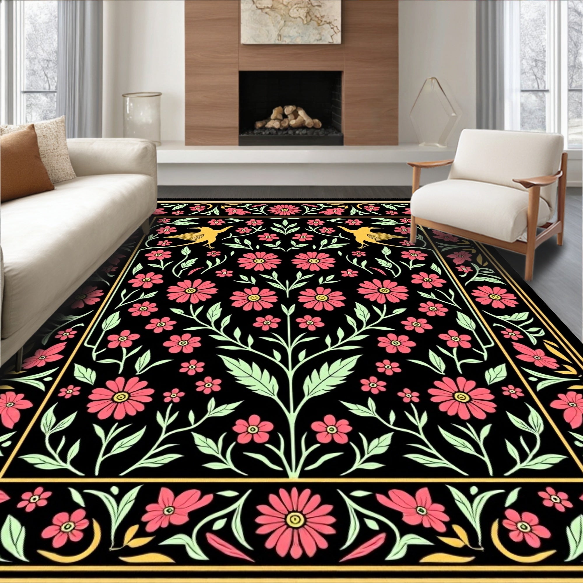 Floral Bird With Yellow Accents Design Rug