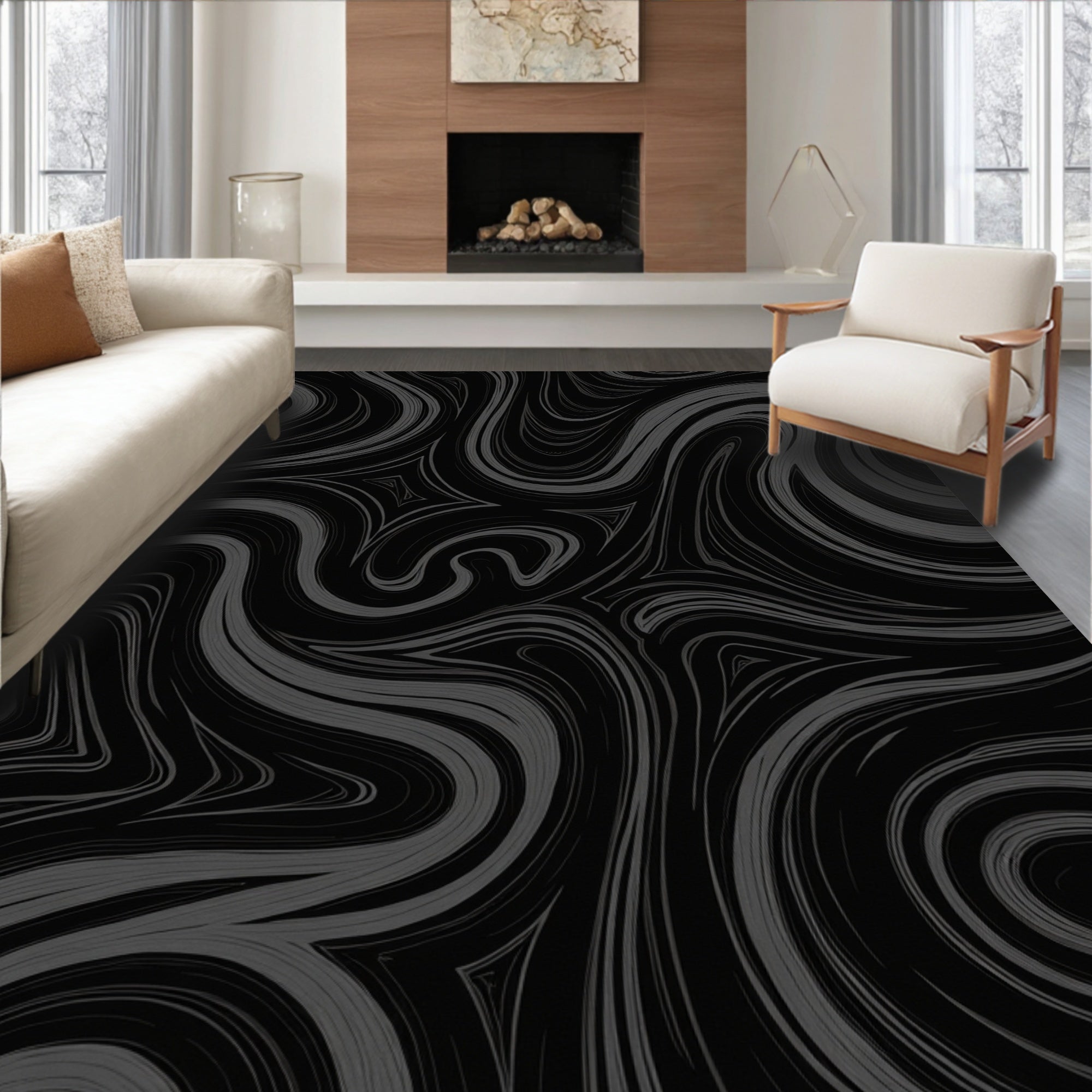 Dark Flowing Swirl Abstract Rug