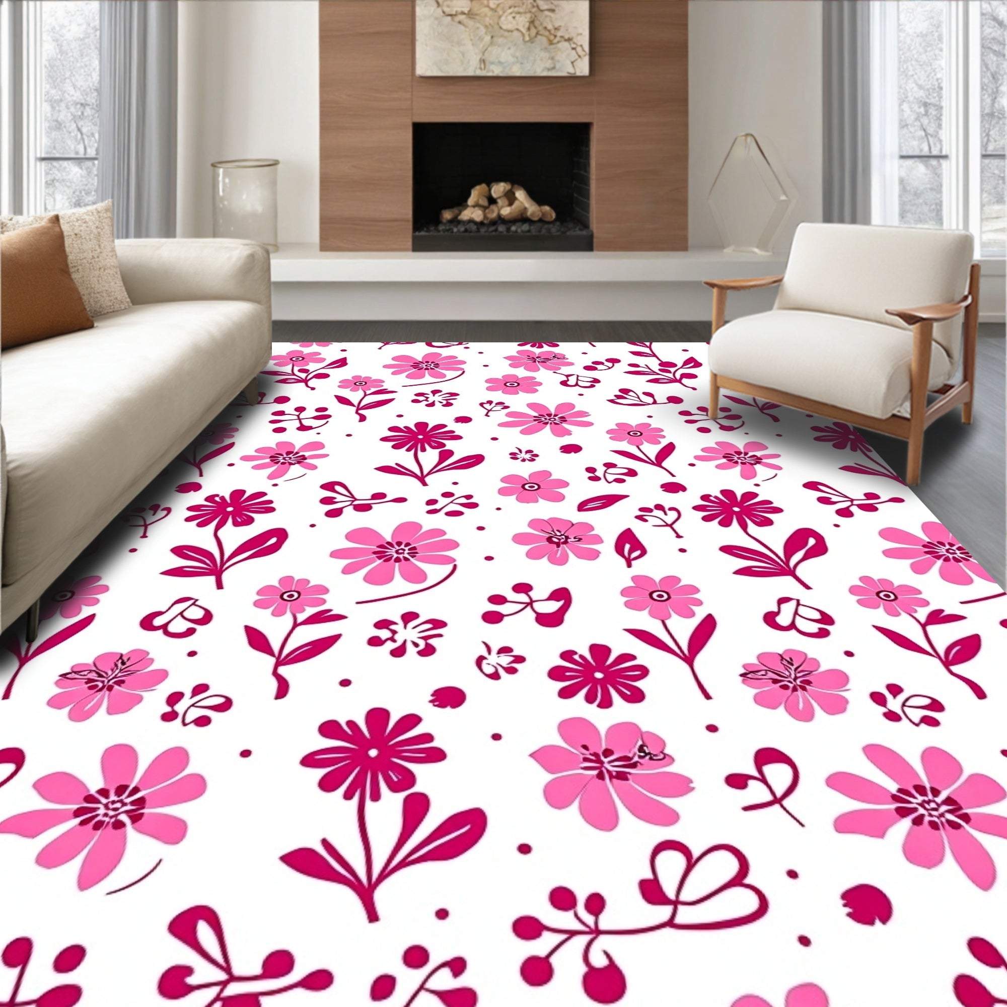 Pink Floral Blossom Pattern Rug