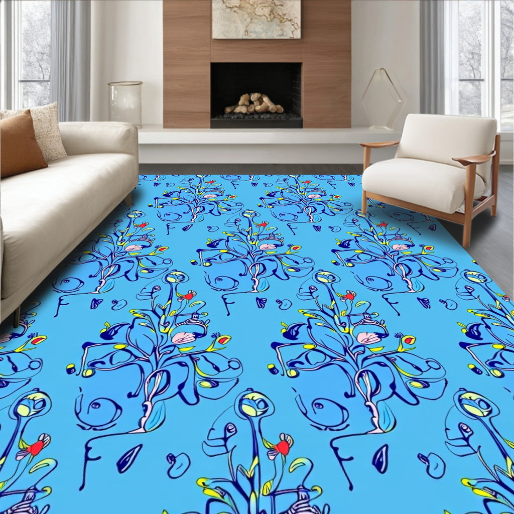 Whimsical Blue Floral Art Nouveau Design Rug