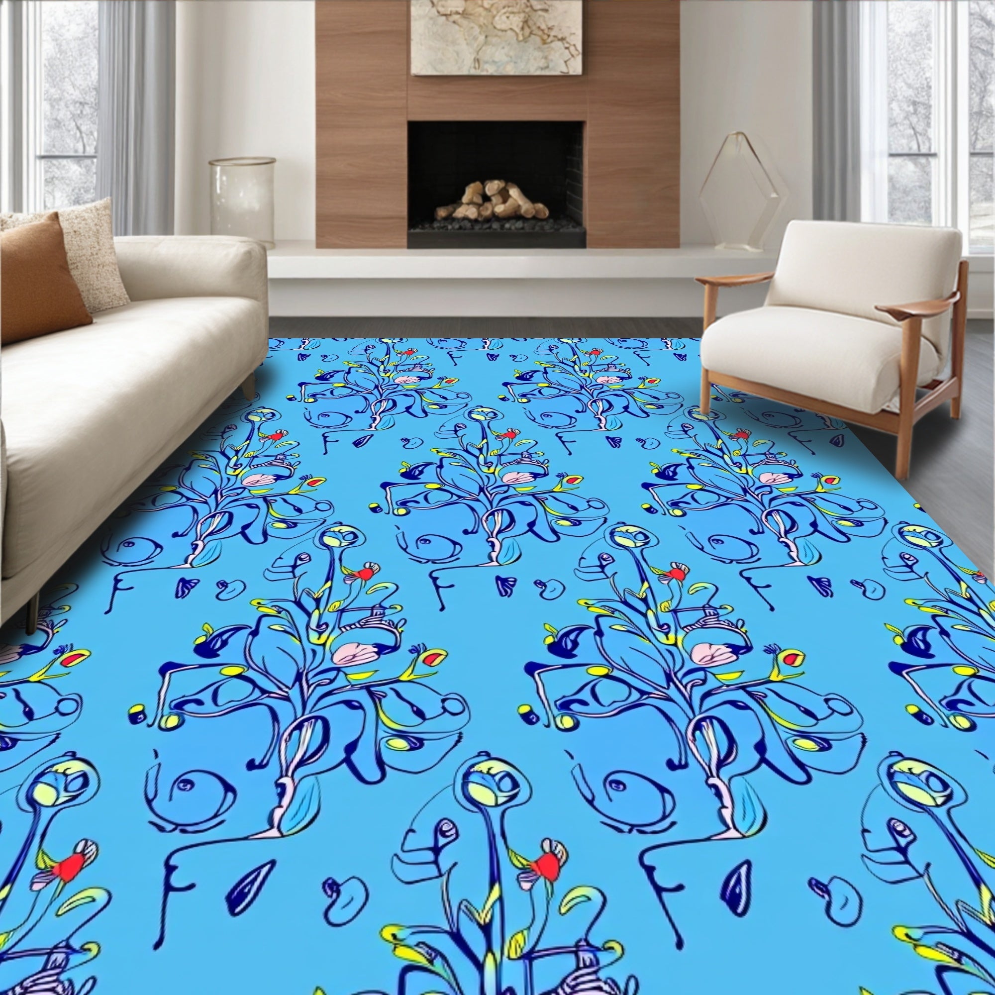 Whimsical Blue Floral Art Nouveau Design Rug