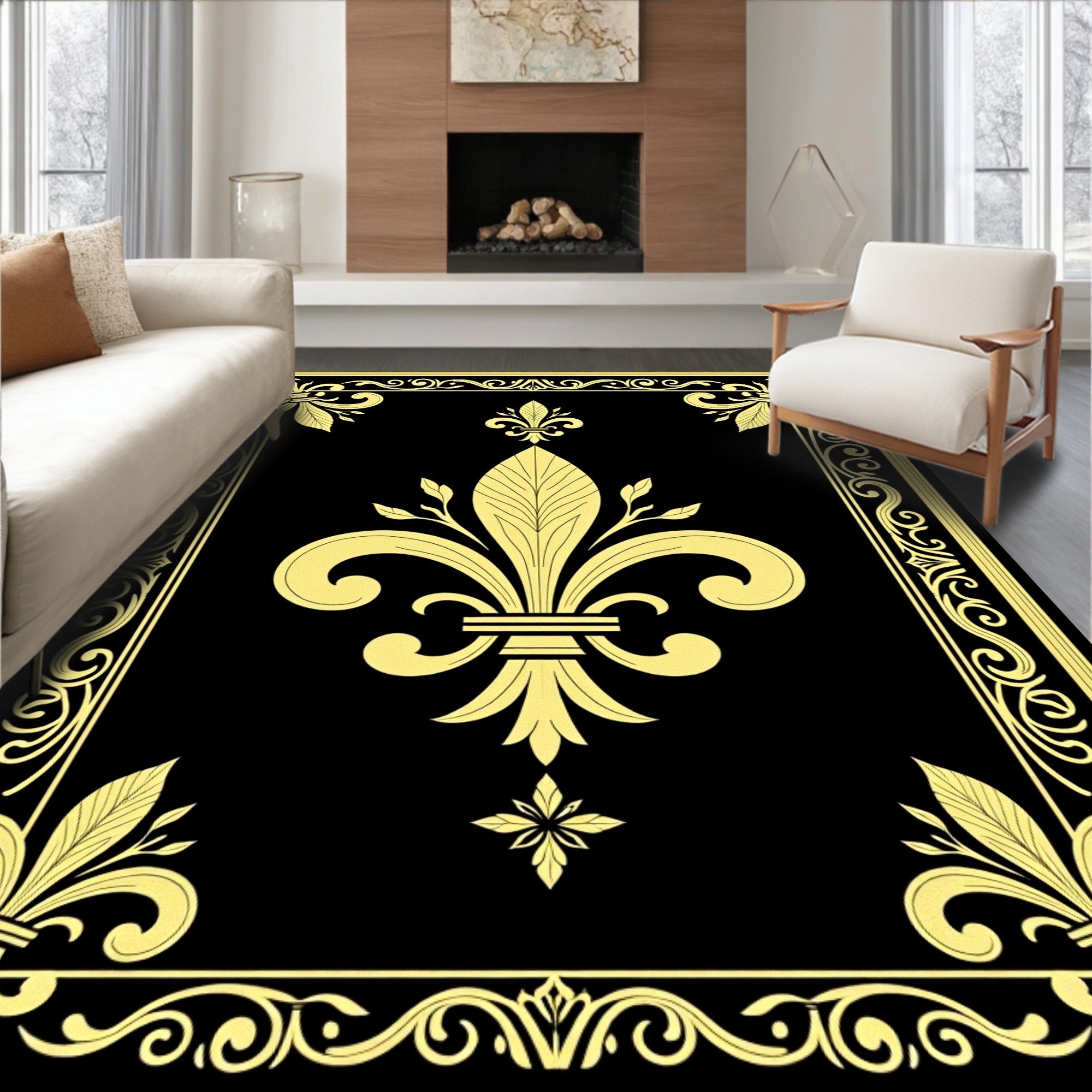 Ornate Black Gold Fleur-De-Lis Rug