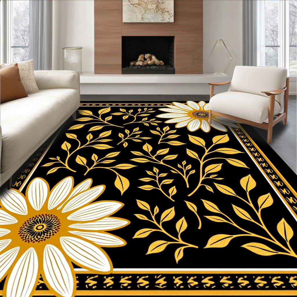 Golden Floral Vines And Daisy Pattern Rug