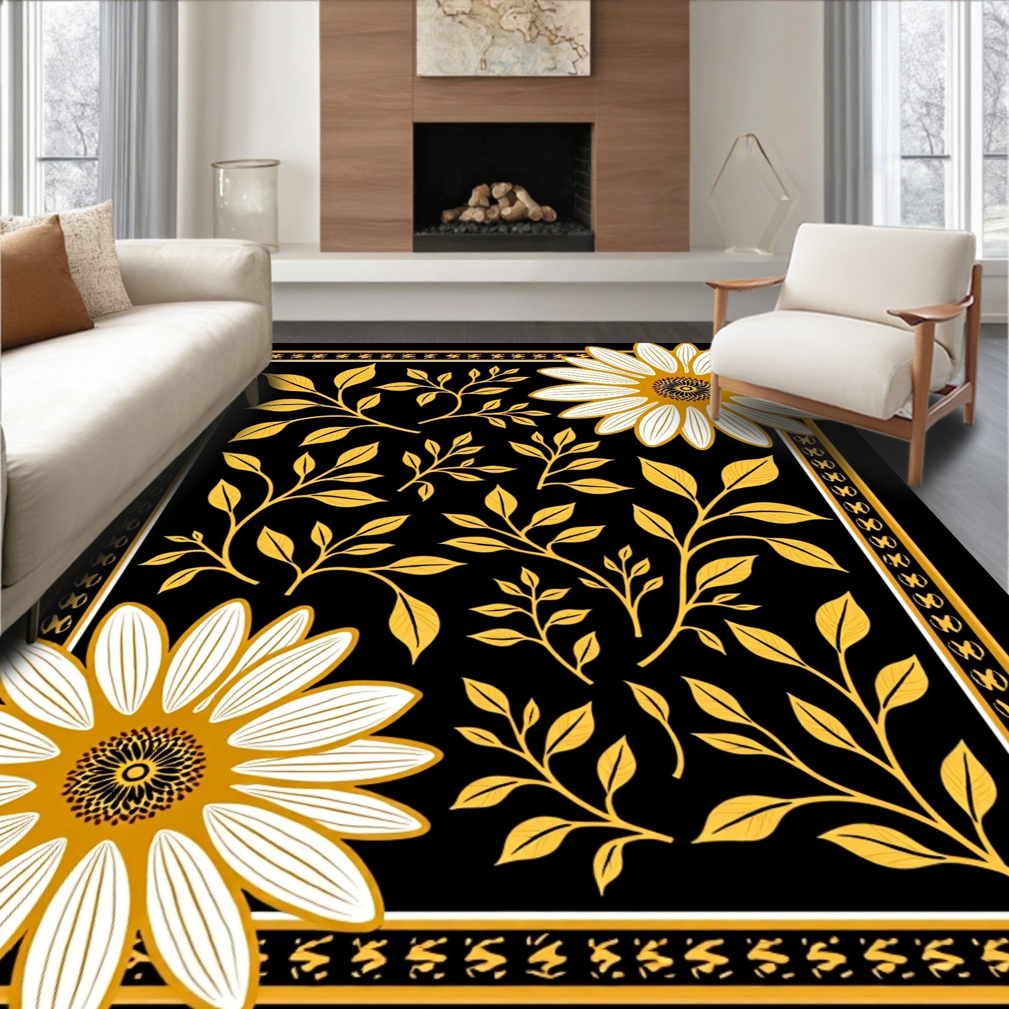 Golden Floral Vines And Daisy Pattern Rug