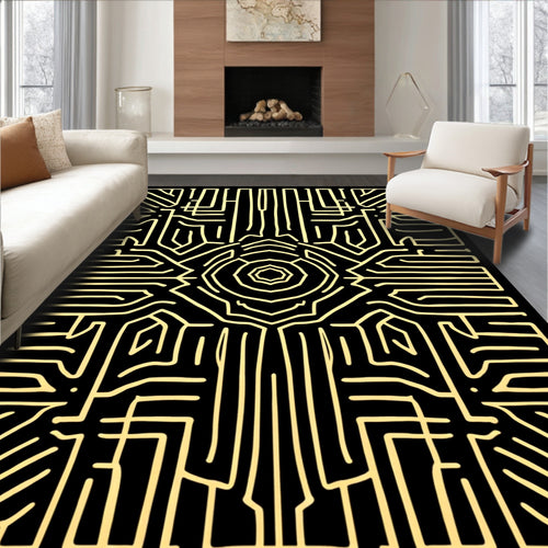 Abstract Golden Maze Pattern Design Rug