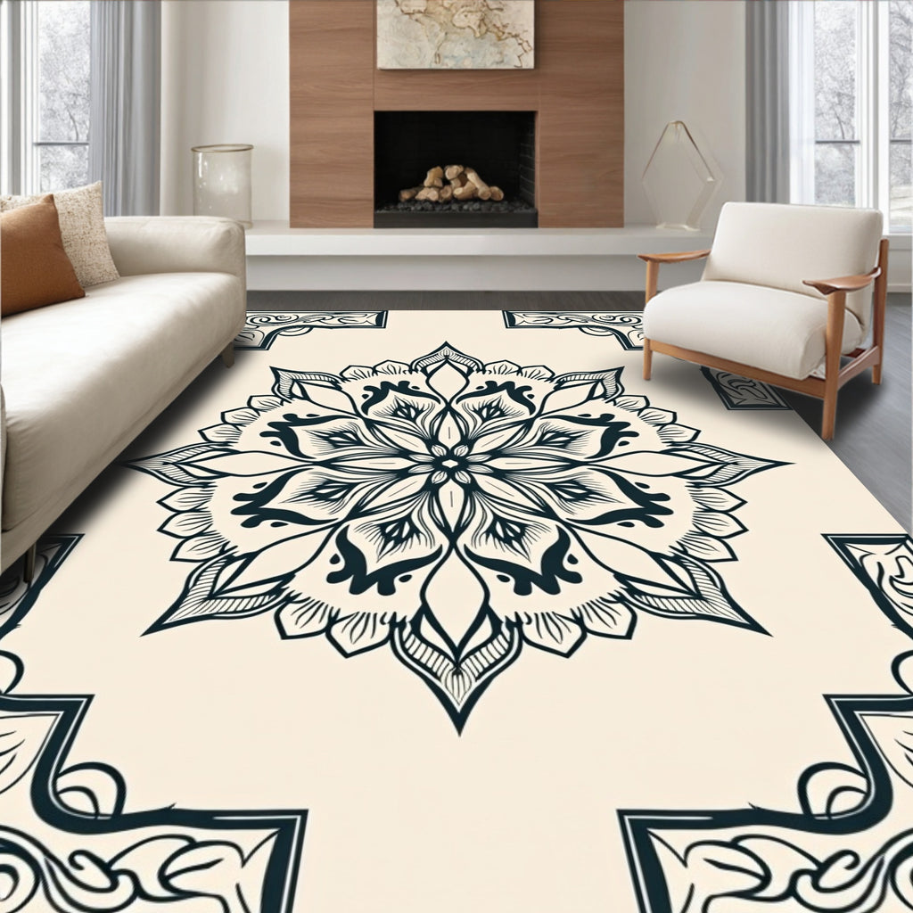 Monochromatic Floral Mandala Pattern Rug