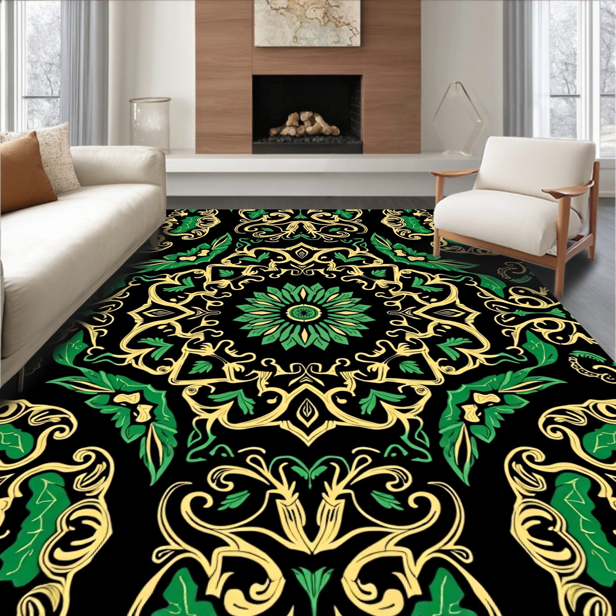 Emerald Gold Filigree Mandala Rug