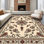 Ornate Floral Scrollwork Beige Brown Rug