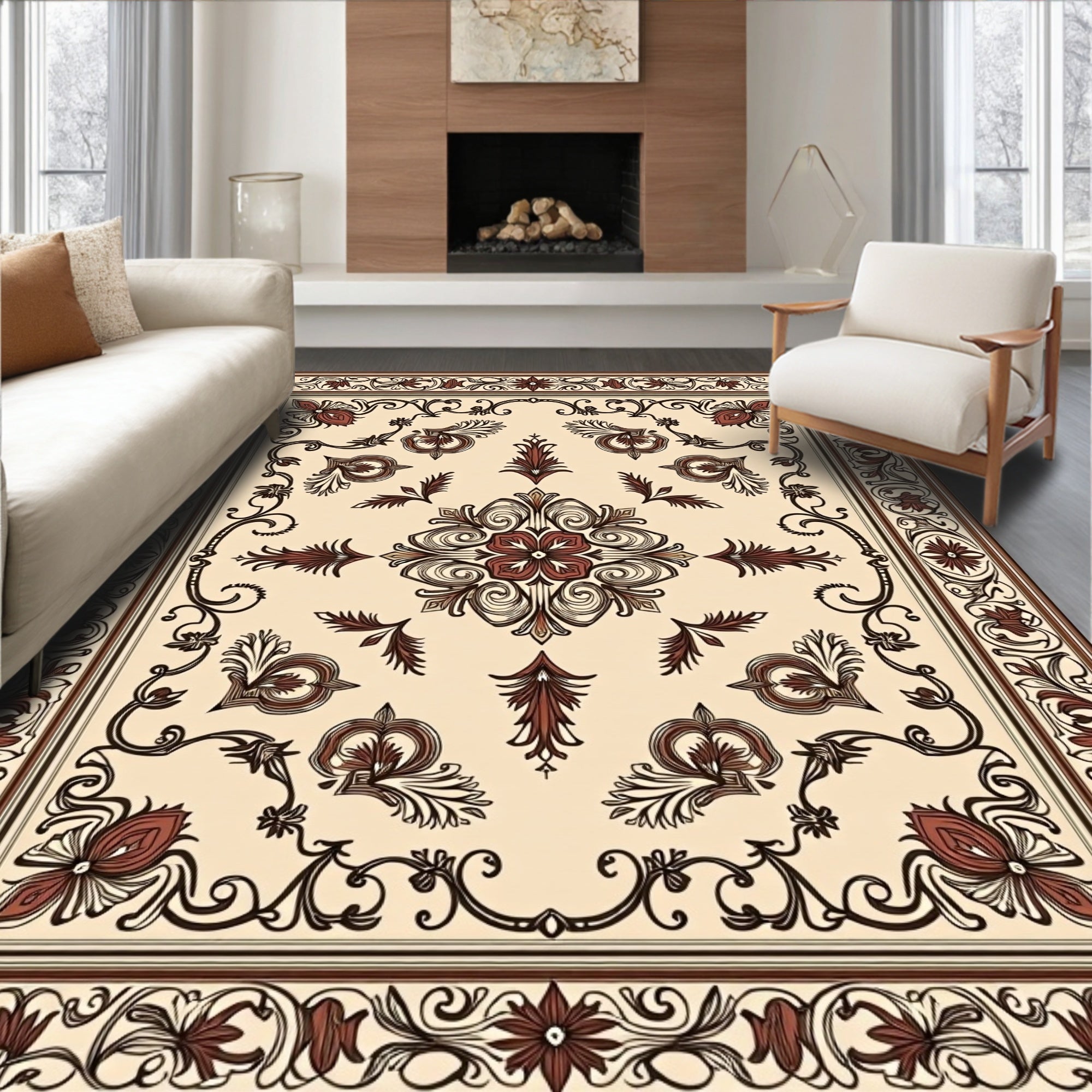 Ornate Floral Scrollwork Beige Brown Rug