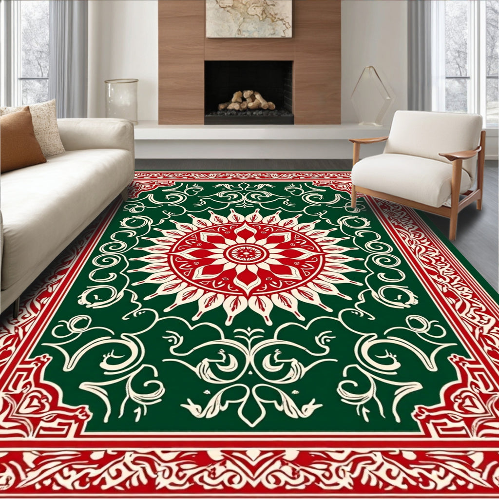Classic Red Green Floral Medallion Rug