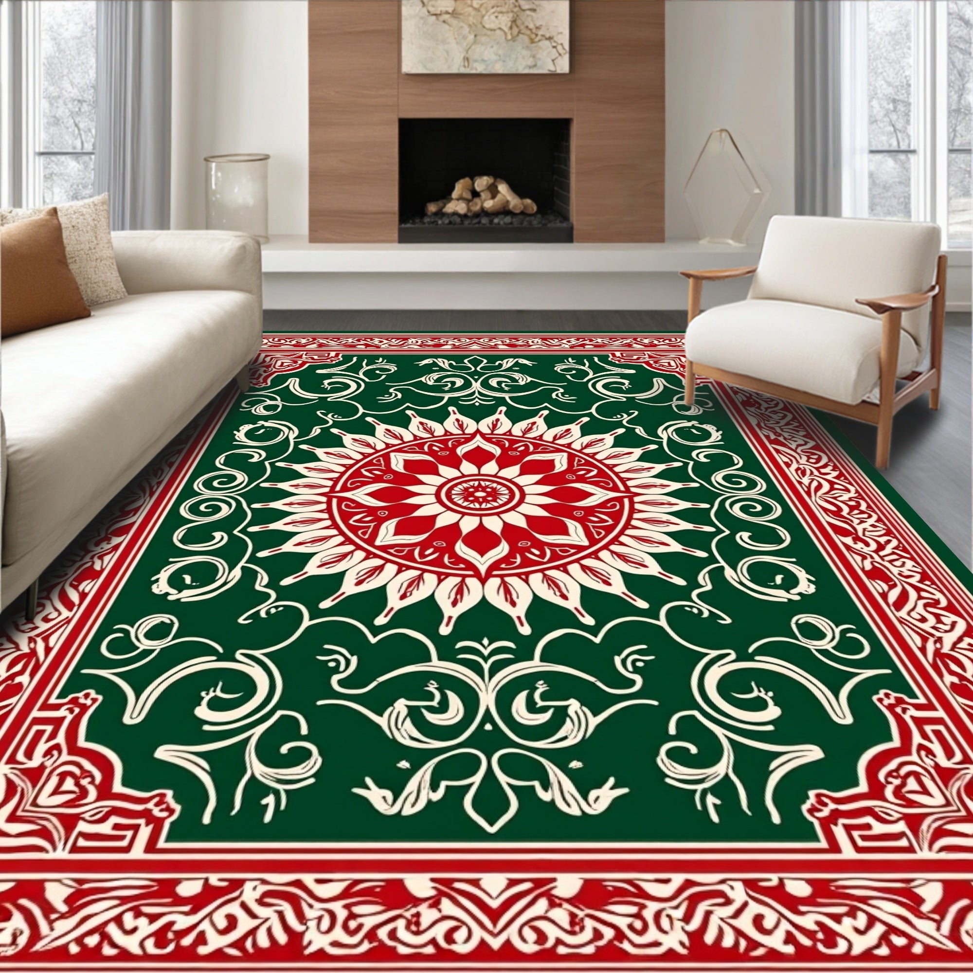 Classic Red Green Floral Medallion Rug