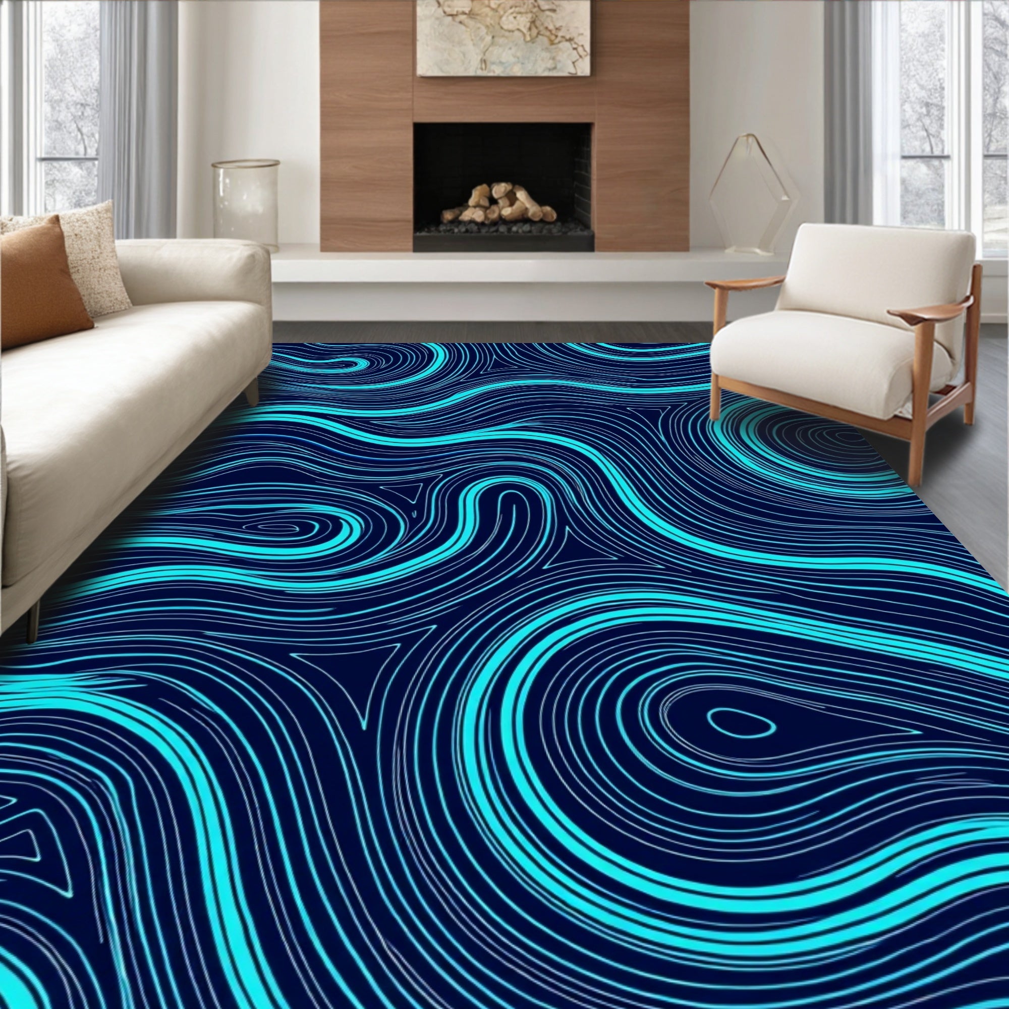 Abstract Aqua Wavy Lines Pattern Rug