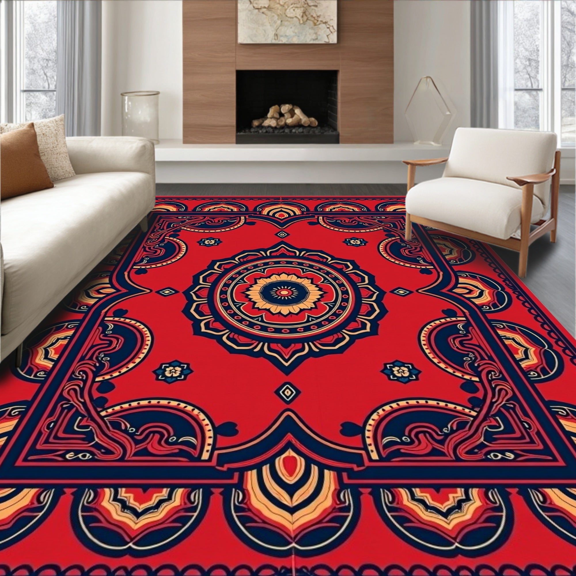 Red Bold Mandala Patterned Rug