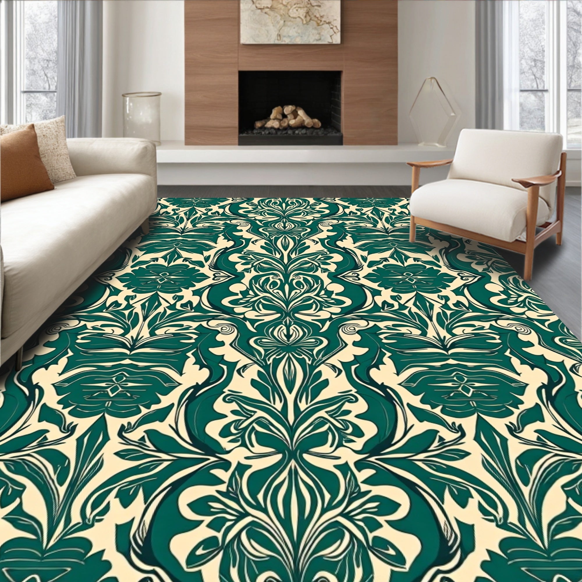 Emerald Green Damask Pattern Rug