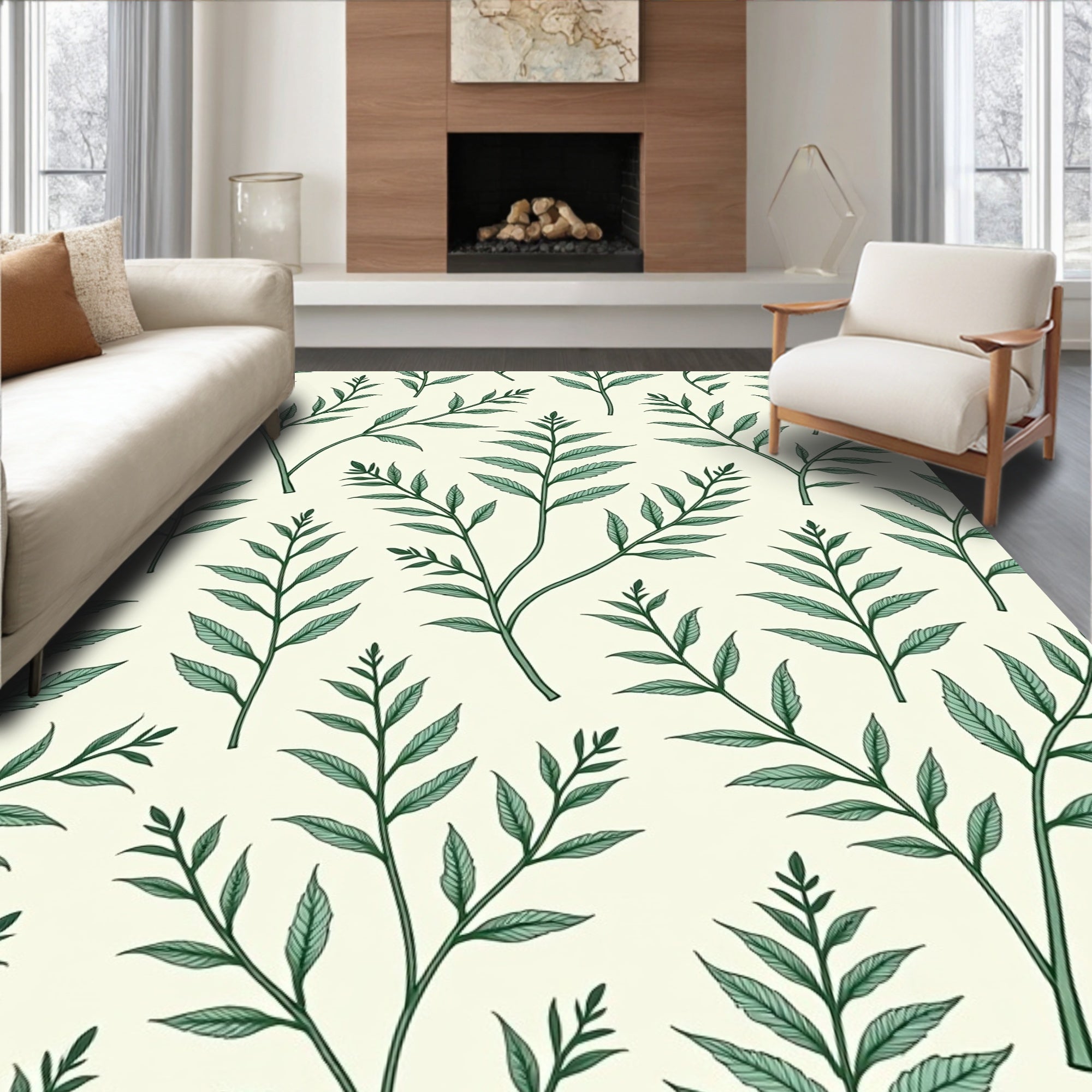 Green Botanical Leaf Pattern Rug
