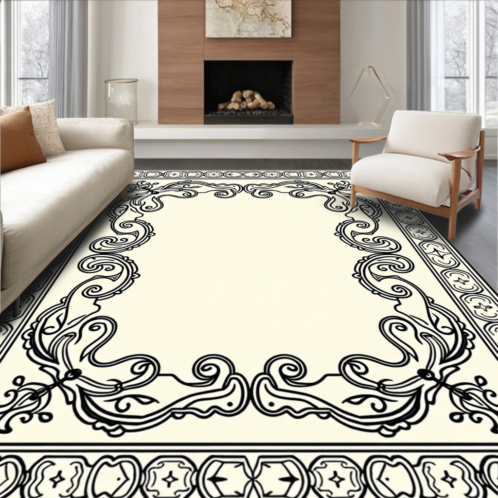 Elegant Black Scrollwork With Geometric Borders Rug