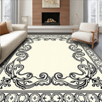 Elegant Black Scrollwork With Geometric Borders Rug