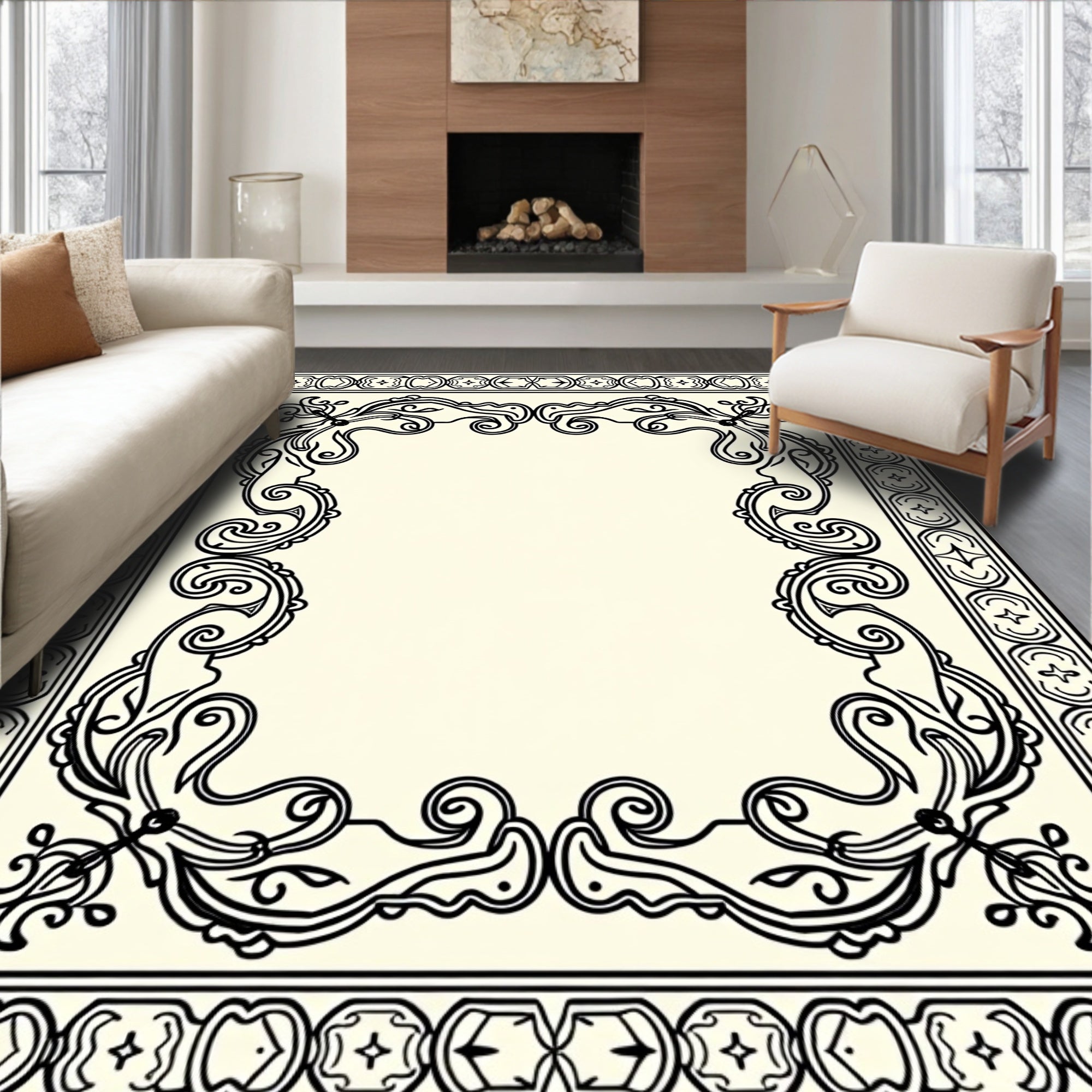 Elegant Black Scrollwork With Geometric Borders Rug