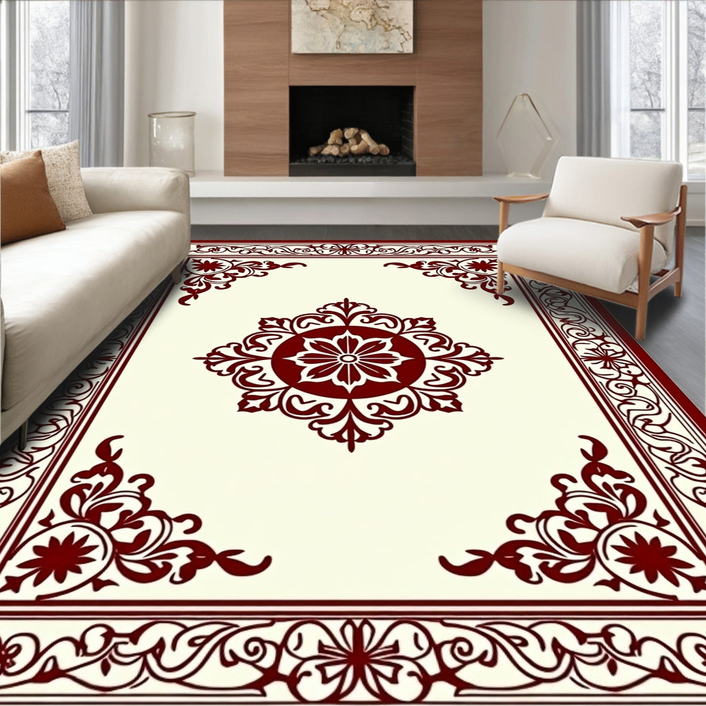 Ornate Floral Medallion Cream Crimson Rug