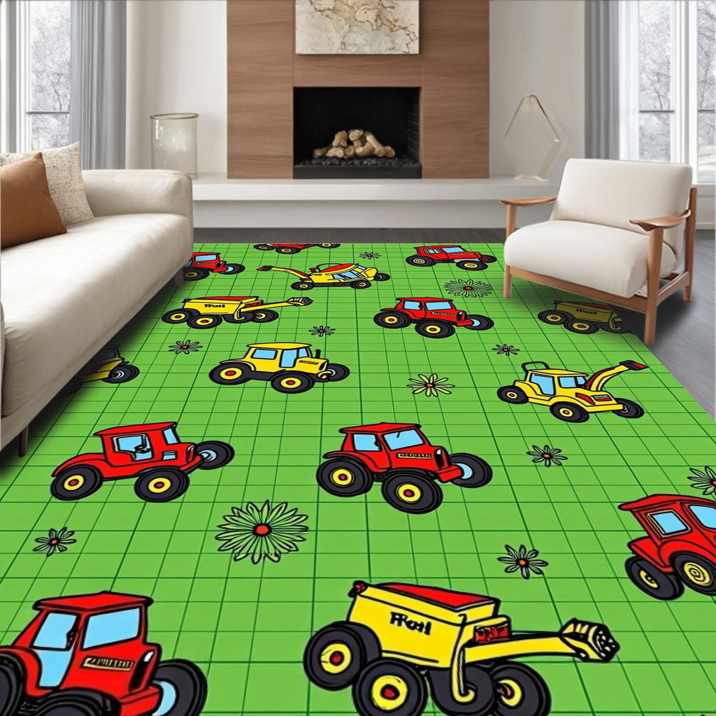 Red and Yellow Tractor Farm Pattern Rug