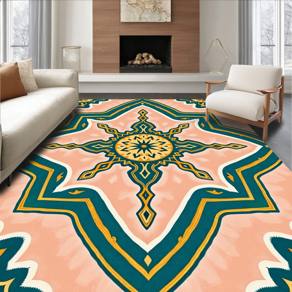 Ornate Teal and Gold Mandala Design Rug