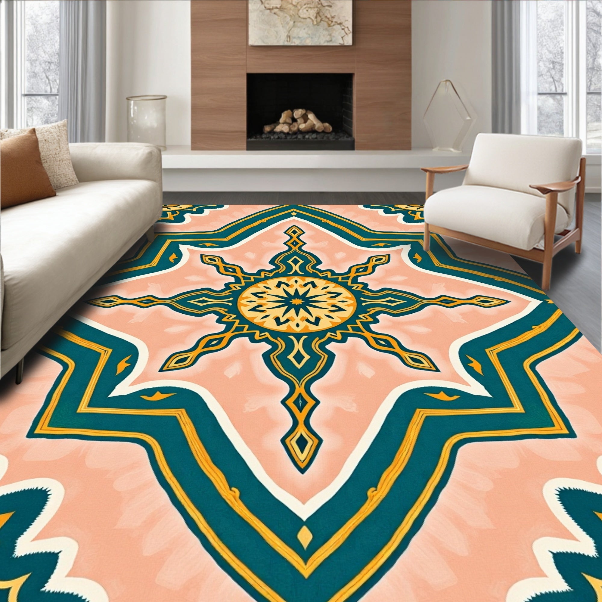 Ornate Teal and Gold Mandala Design Rug