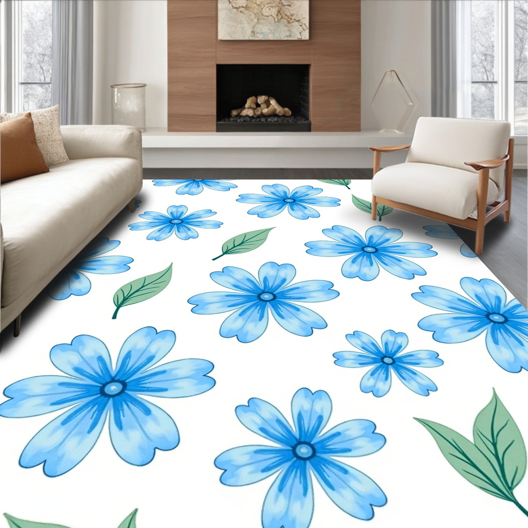 Soft Blue Green Floral Pattern Rug