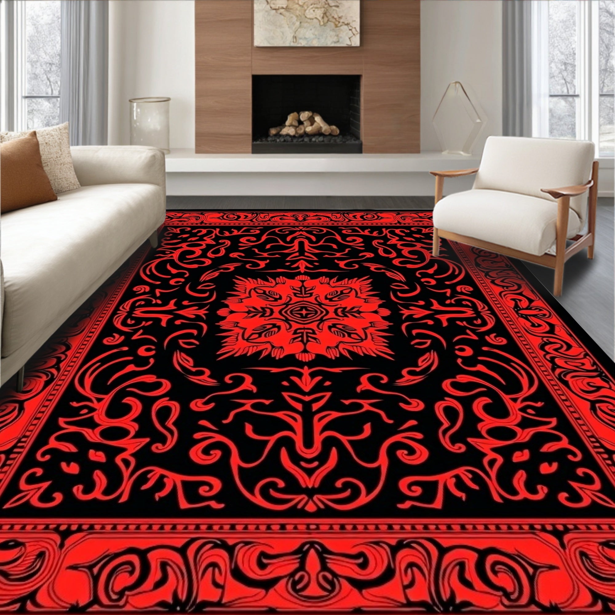 Red Black Ornamental Flourish Rug