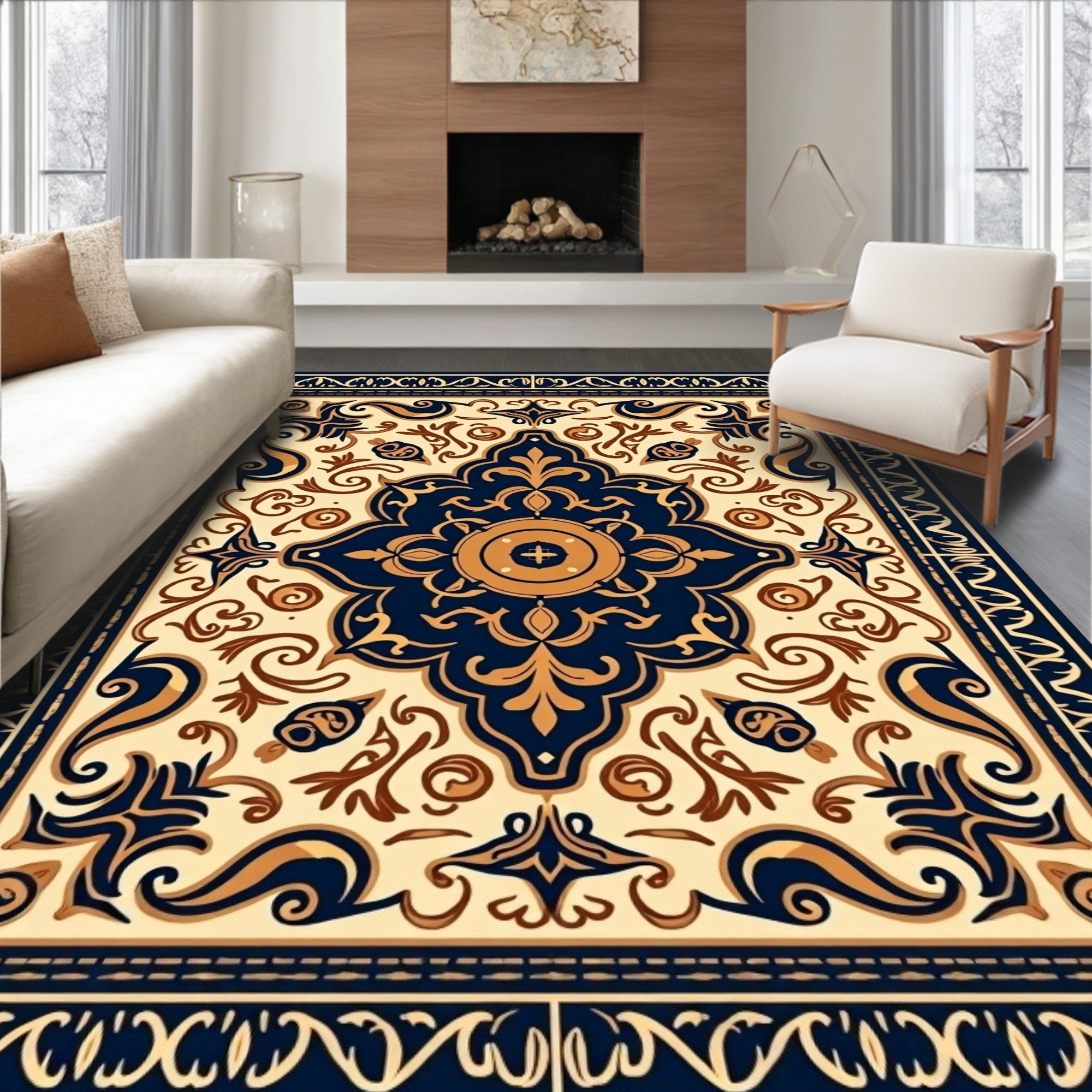 Ornate Navy Gold Floral Pattern Rug