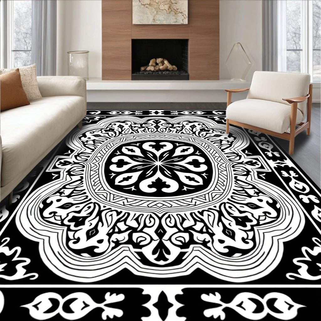 Intricate Black and White Medallion Design Rug