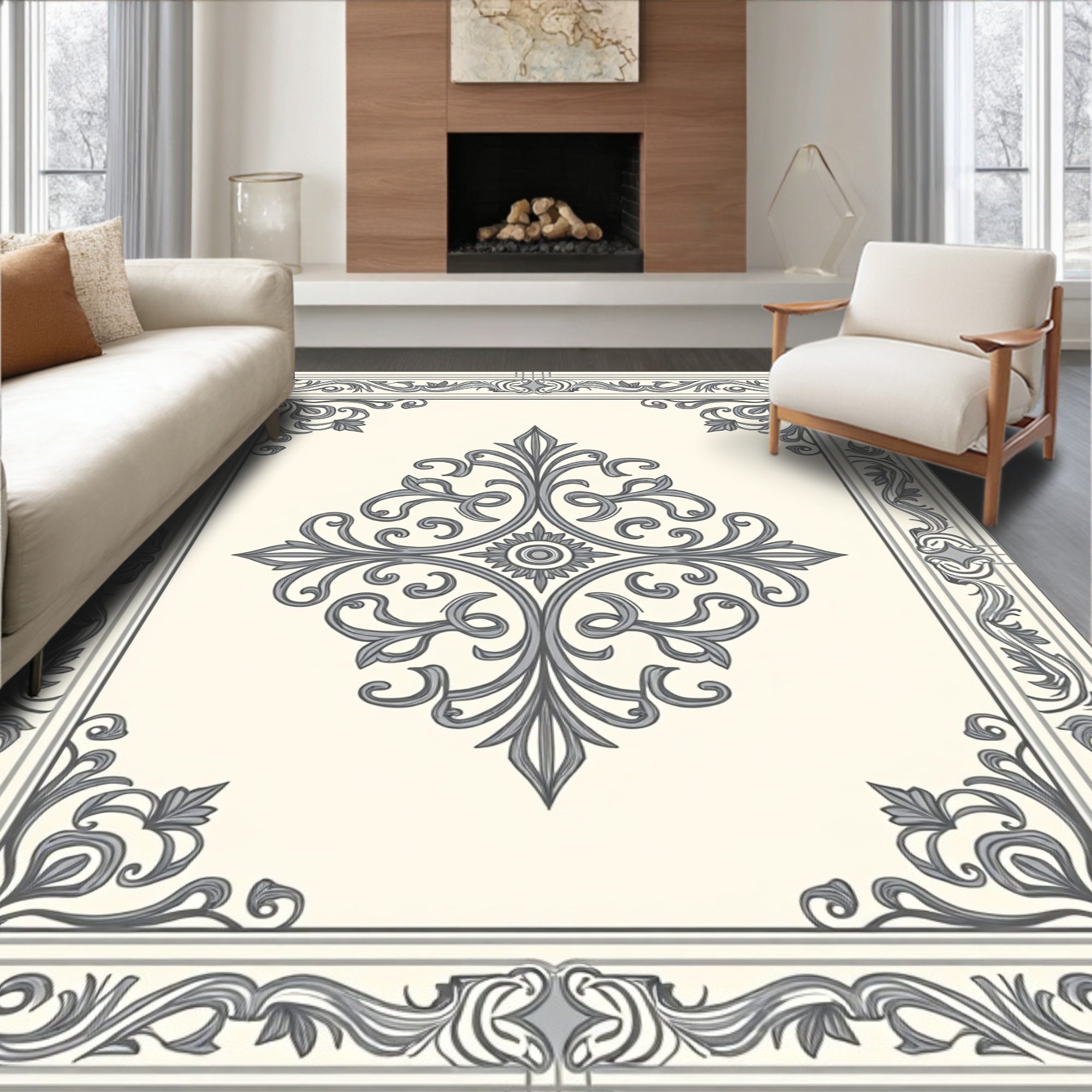 Ornate Scrollwork Floral Damask Rug