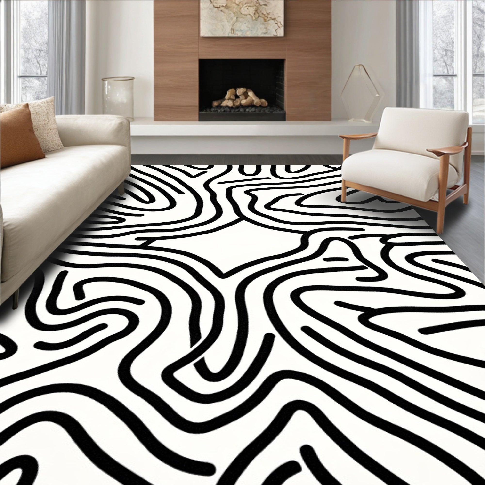 Abstract Black White Wavy Lines Rug