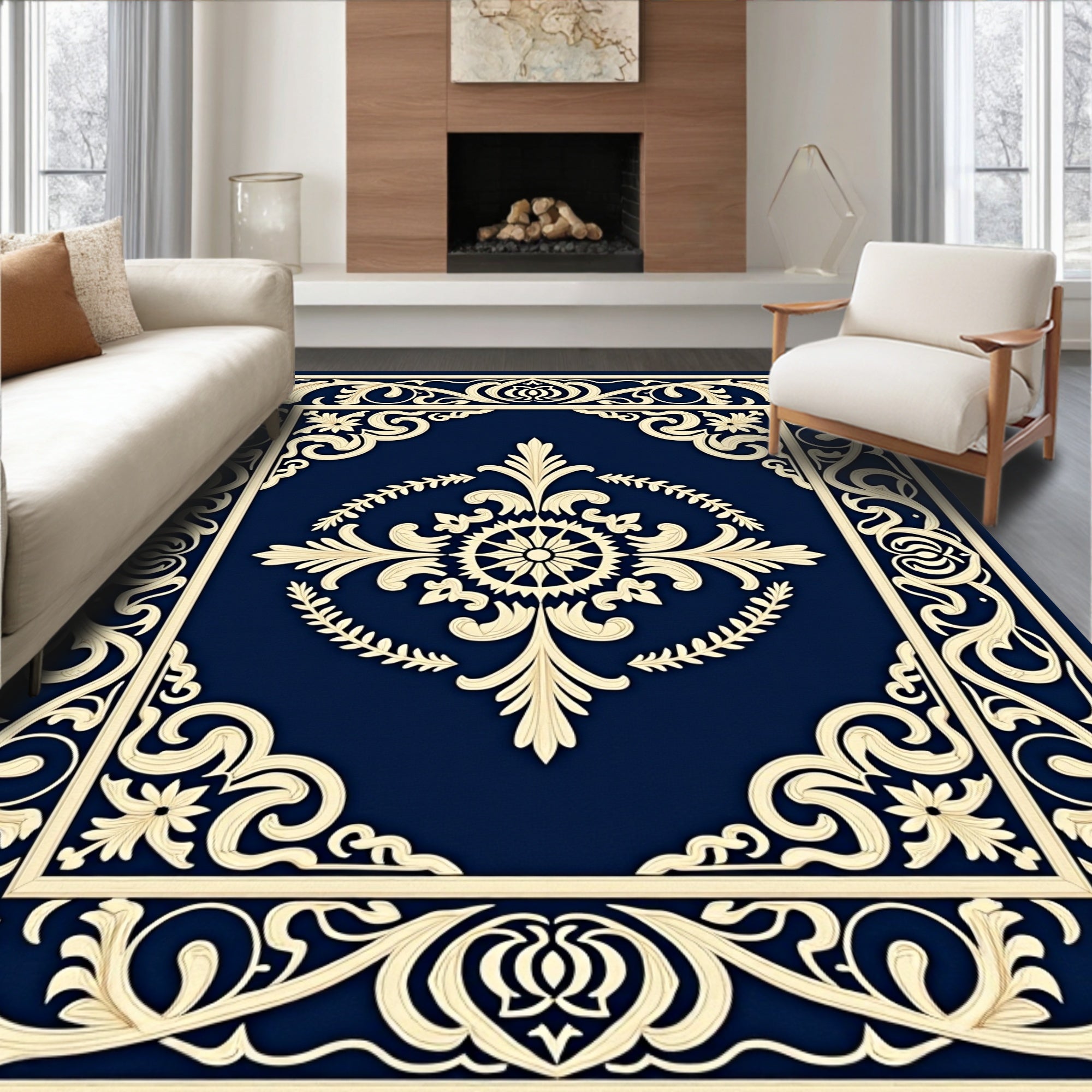 Navy Blue Cream Scrolling Floral Medallion Rug