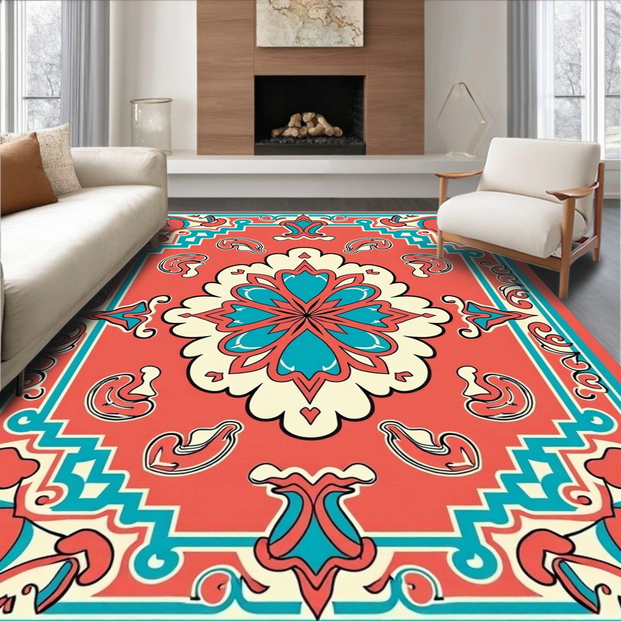 Coral Teal Floral Medallion Tribal Rug