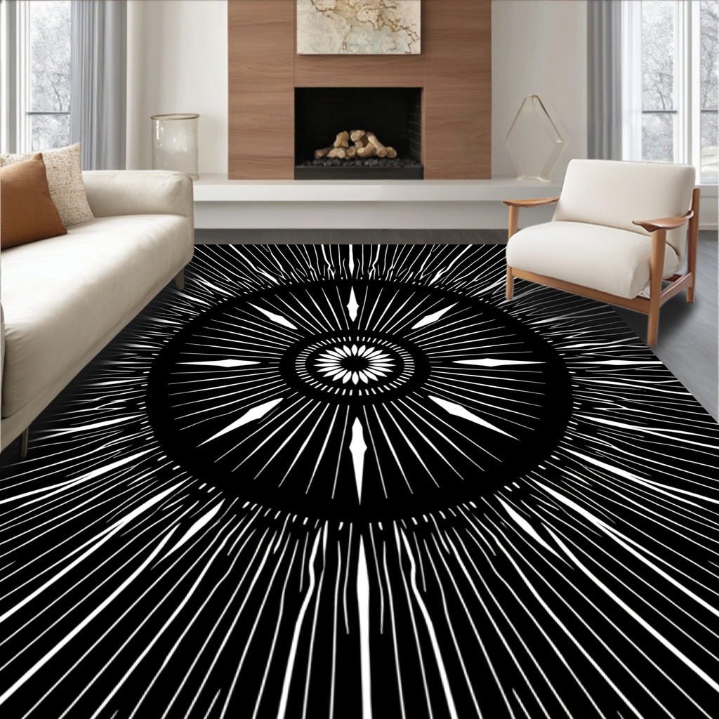 Black White Radial Burst Sunburst Rug