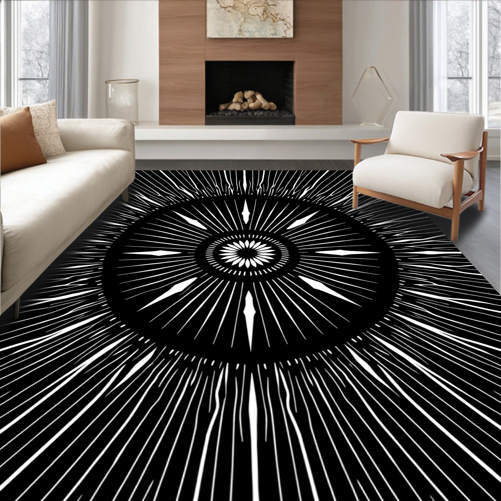 Black White Radial Burst Sunburst Rug